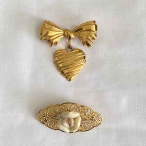 BUNDLE Avon Gold Tone Ribbon Heart/Gold Tone Filigree Ceramic Rose Brooches
